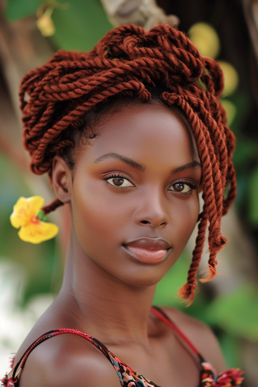 Woman hairstyle. Auburn two-strand twists with bobby pinned crown.