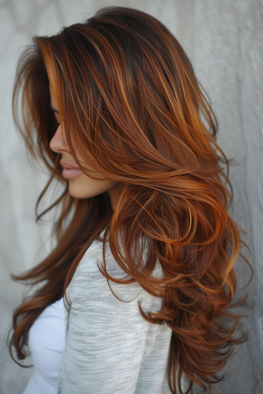 Layered haircut. Waves in chestnut long hair with caramel highlights.