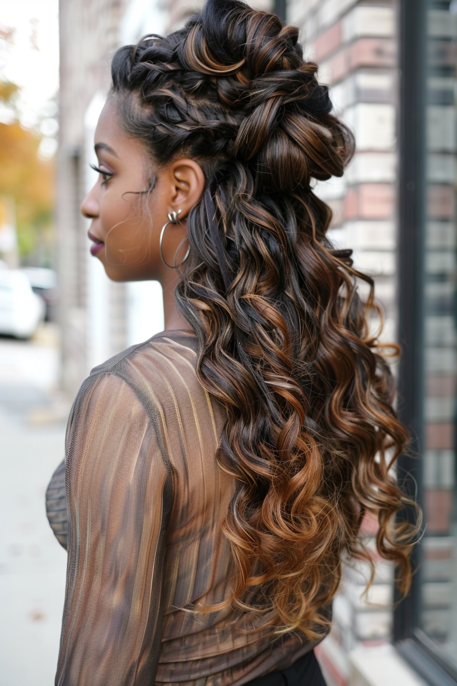 Half-up half-down weave hairstyle. Layered curls and balayage highlights.