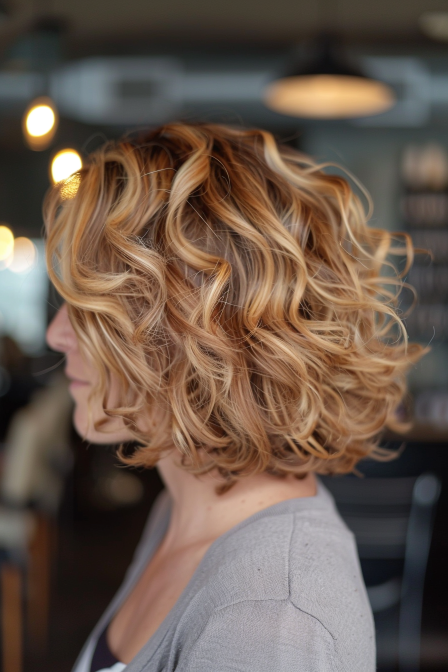 Money piece highlight hairstyle. Light blonde framing on curly medium brown bob.