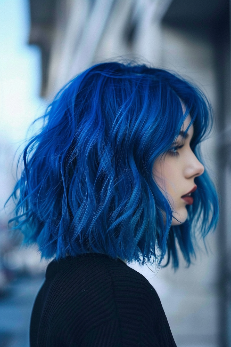 Blue hair color woman hairstyle. Sleek midnight blue bob.