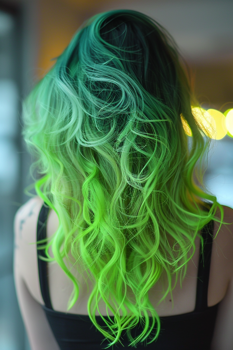 Green ombre hairstyle. Emerald roots fading to lime tips.