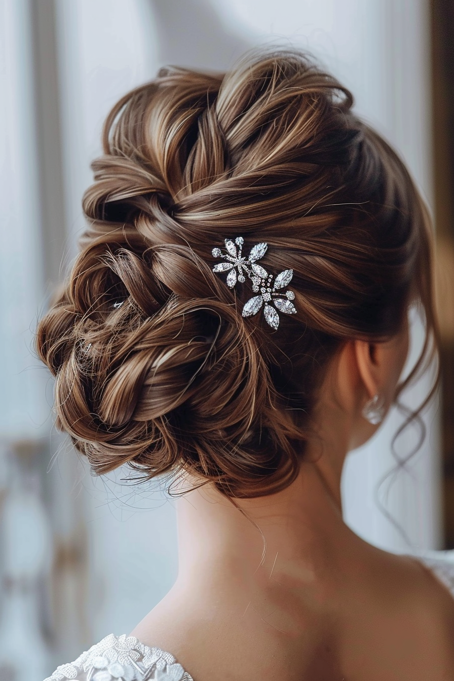 Prom updo woman hairstyle. Sweeping brunette bun with crystal hairpins.