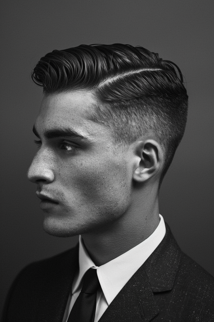 Low taper fade men hairstyle. Sleek back with side parting.