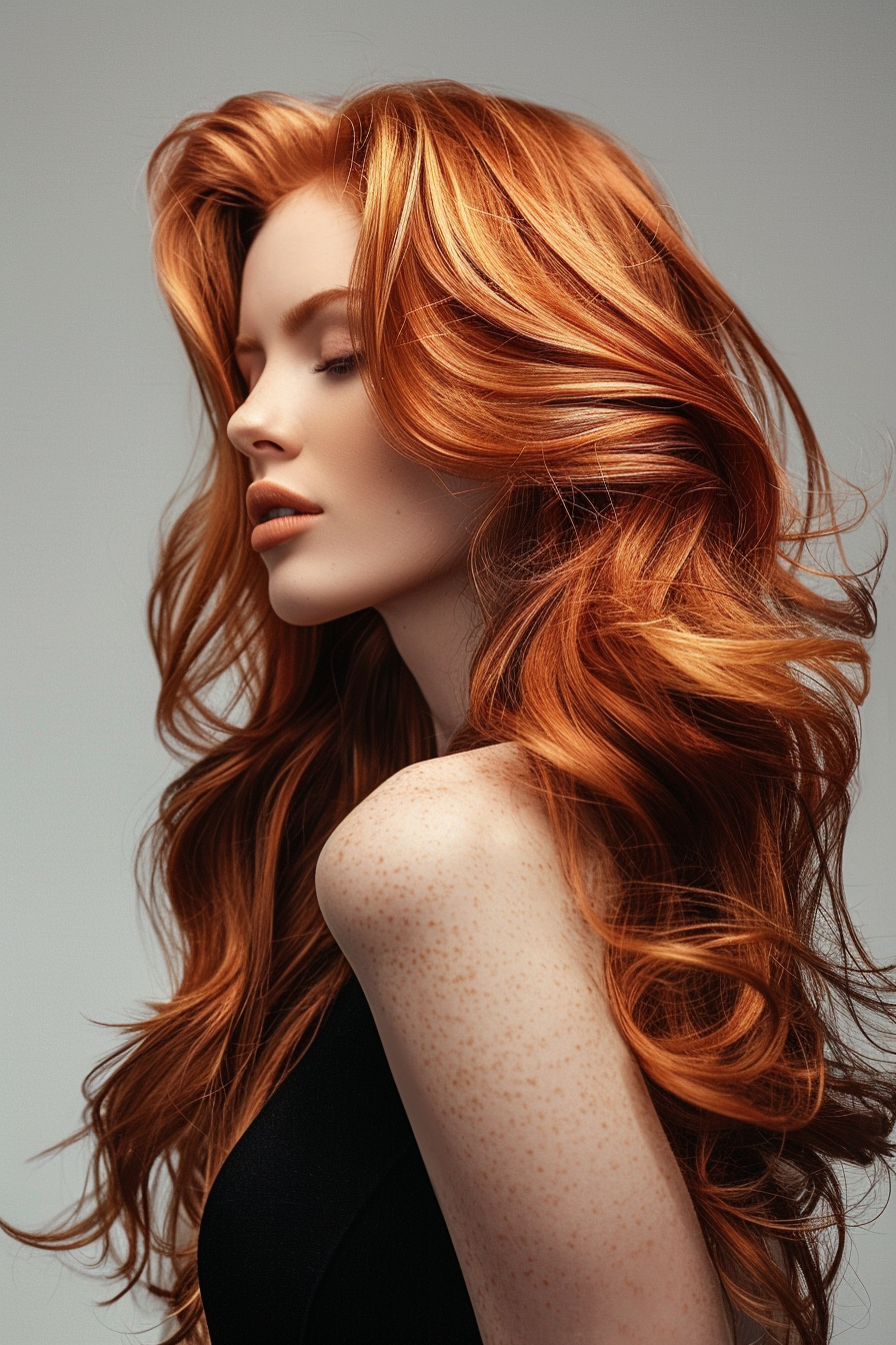 Auburn hair color woman hairstyle. Long tousled waves.