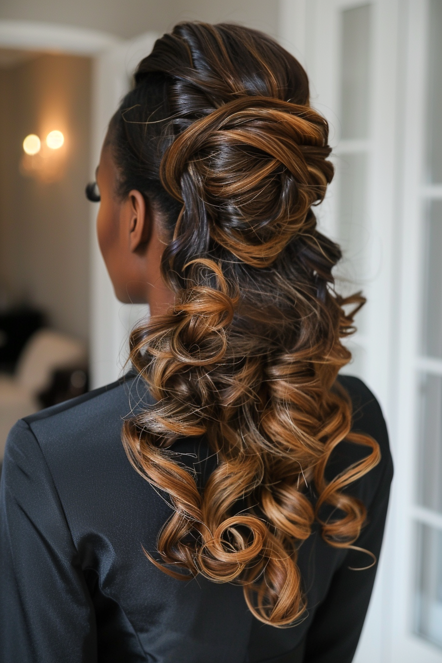 Half-up Half-down Weave Hairstyle. Golden highlights and loose curls.