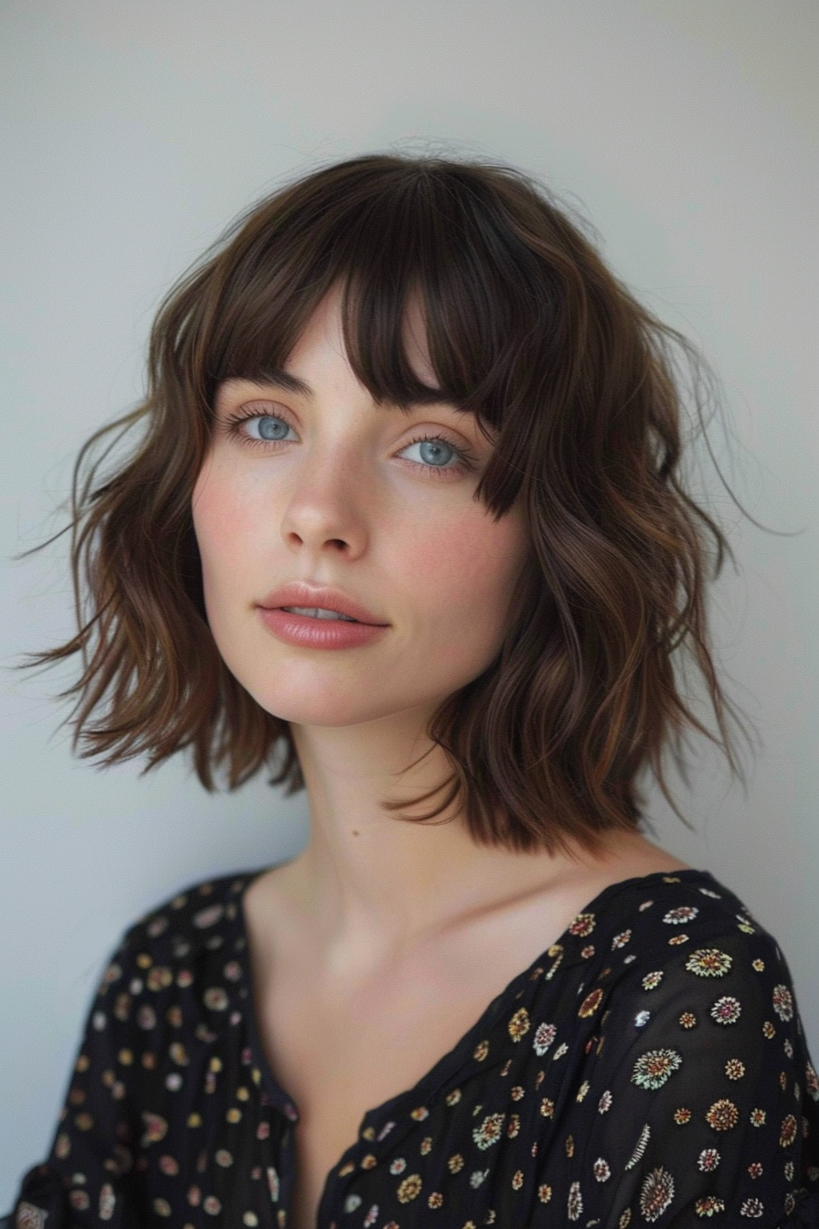 Short wavy hairstyle. Brunette, shoulder-length waves with bangs.