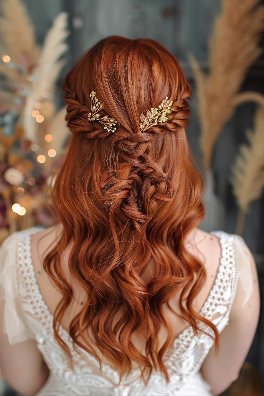 Two-strand twist hairstyle. Rich auburn curls with gold hairpin decoration.