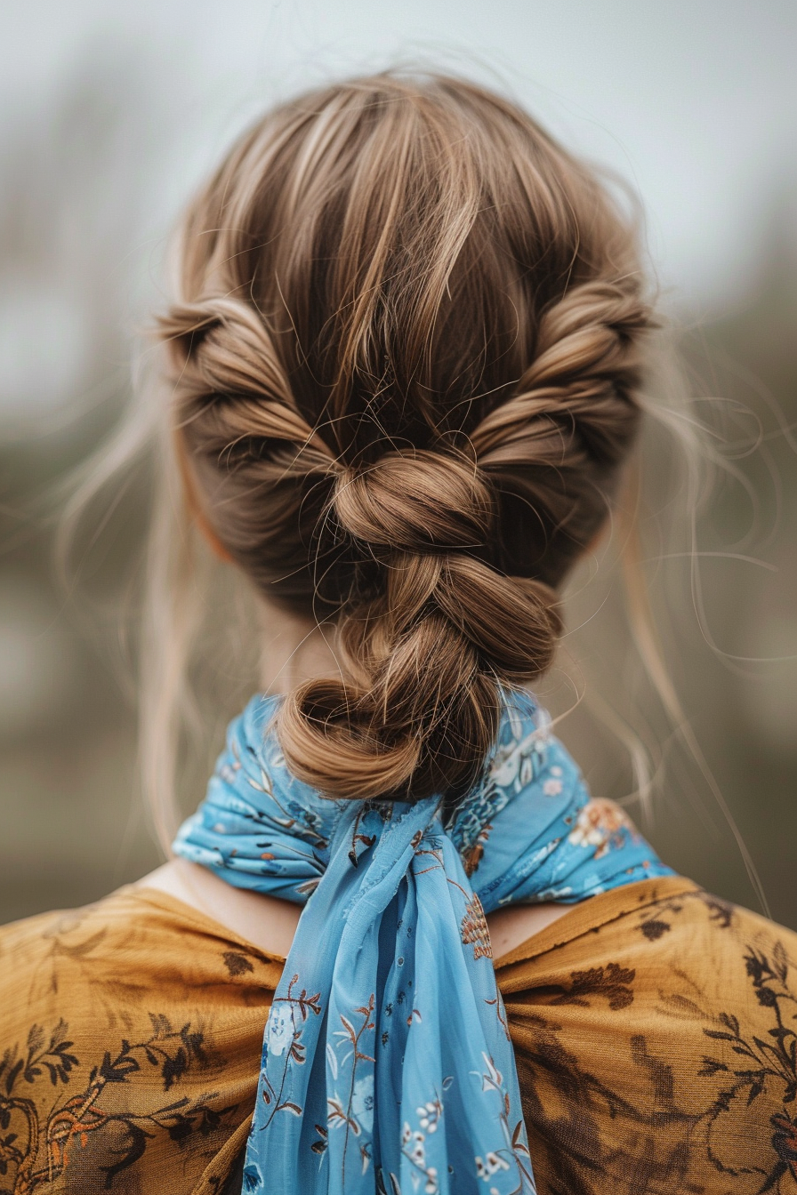 Woman hairstyle. Bronze-colored comb twist with sky blue silk scarf.