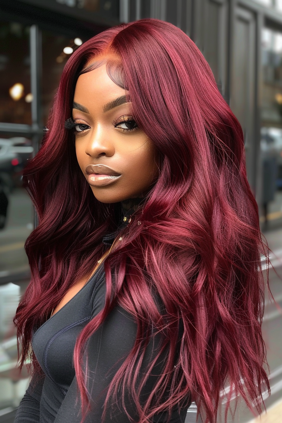 Half-up half-down weave hairstyle. Burgundy straight hair with curly ends.