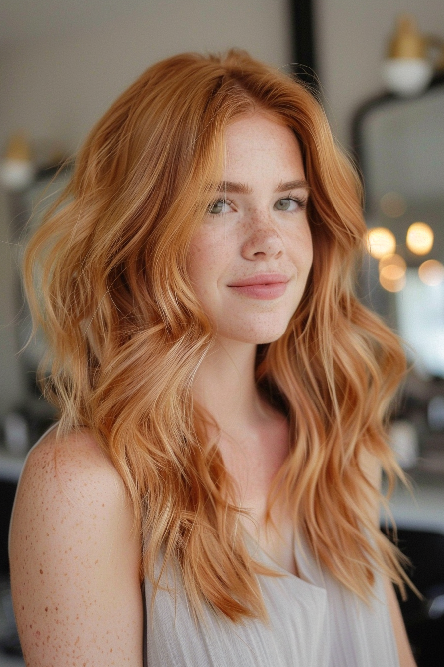 Strawberry blonde hair woman hairstyle. Soft, shoulder-length waves with a side part.