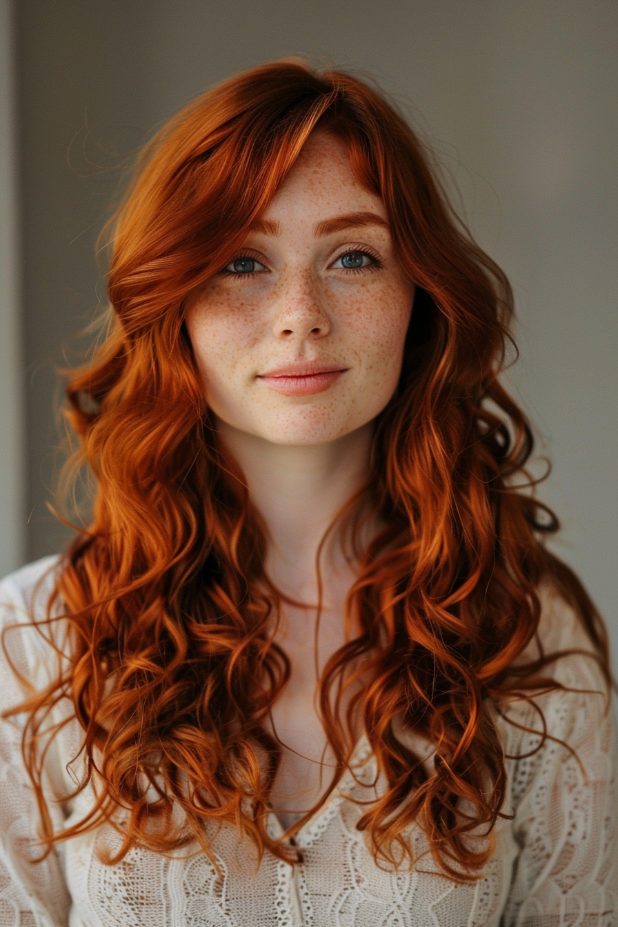 Auburn hair color woman hairstyle. Loose curls with center parting.