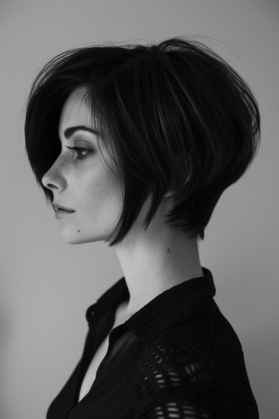 Trendy summer haircut. Pixie cut styled into a sleek bob.