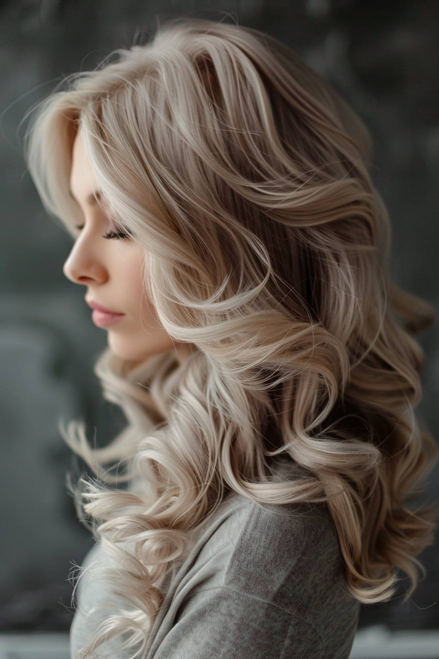 Woman hairstyle. Ash blonde balayage with loose curls.