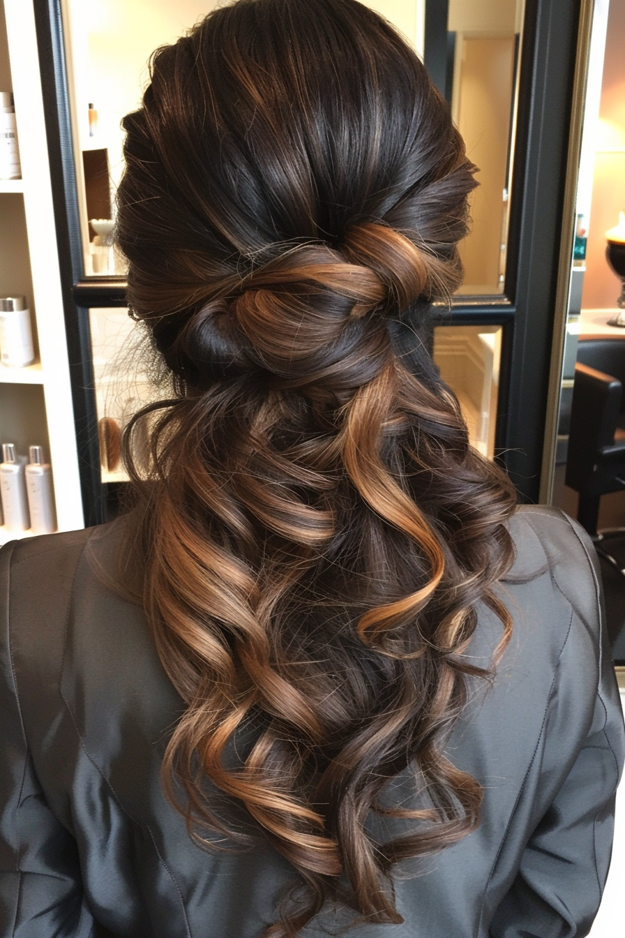 Half-up half-down weave hairstyle. Golden brown waves with black highlights.