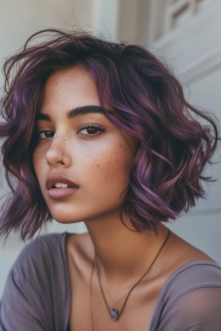 Summer hairstyle. Smokey mauve bob for brunette woman.