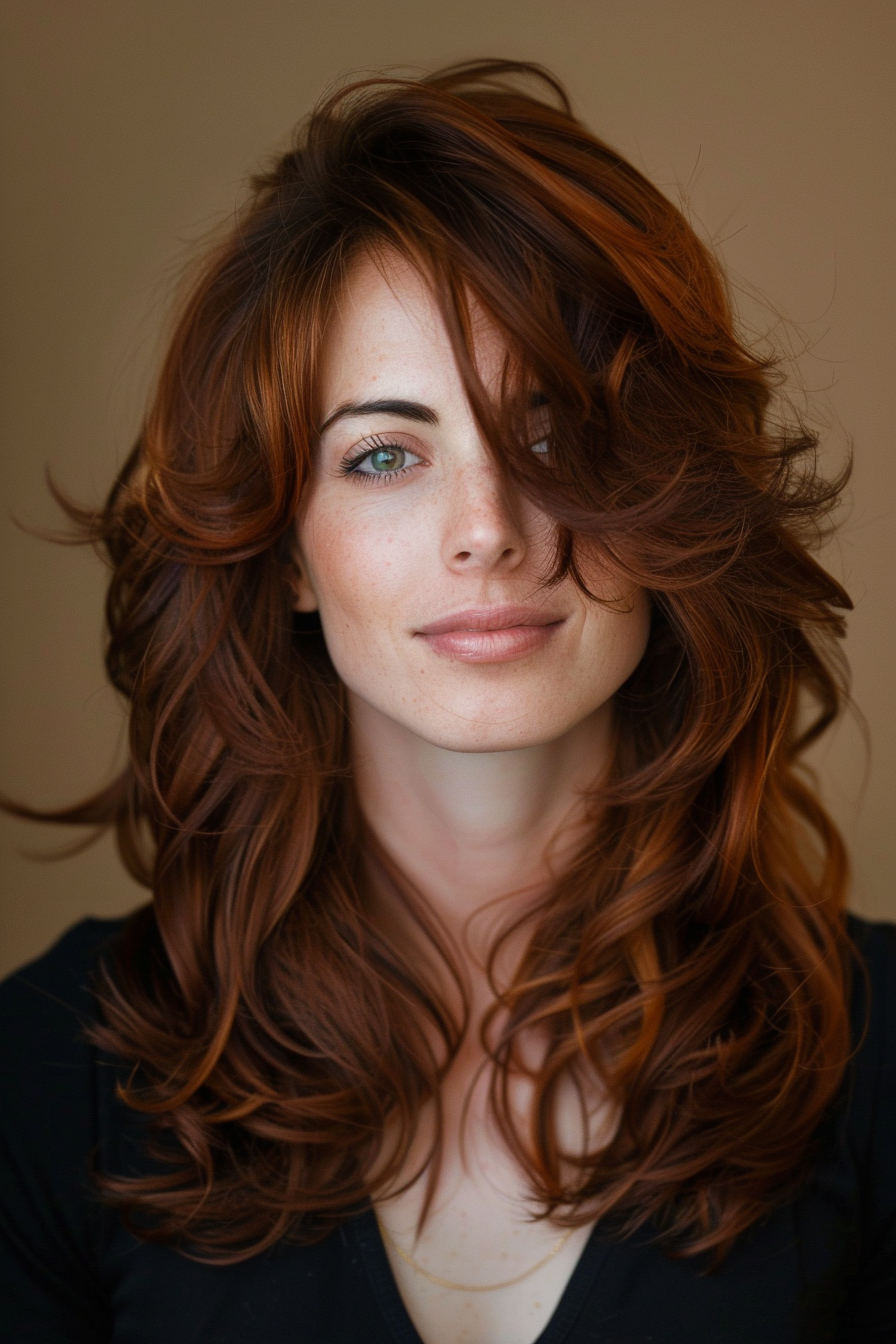 Layered haircut woman hairstyle. Chestnut-brown cascading curls with side-swept bangs.