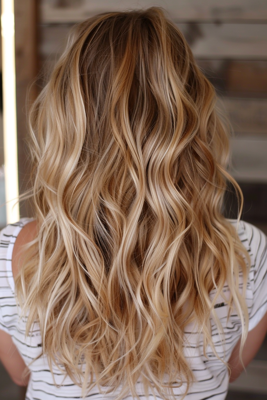 Dirty blonde hair woman hairstyle. Medium-length wavy tresses with sun-kissed highlights.