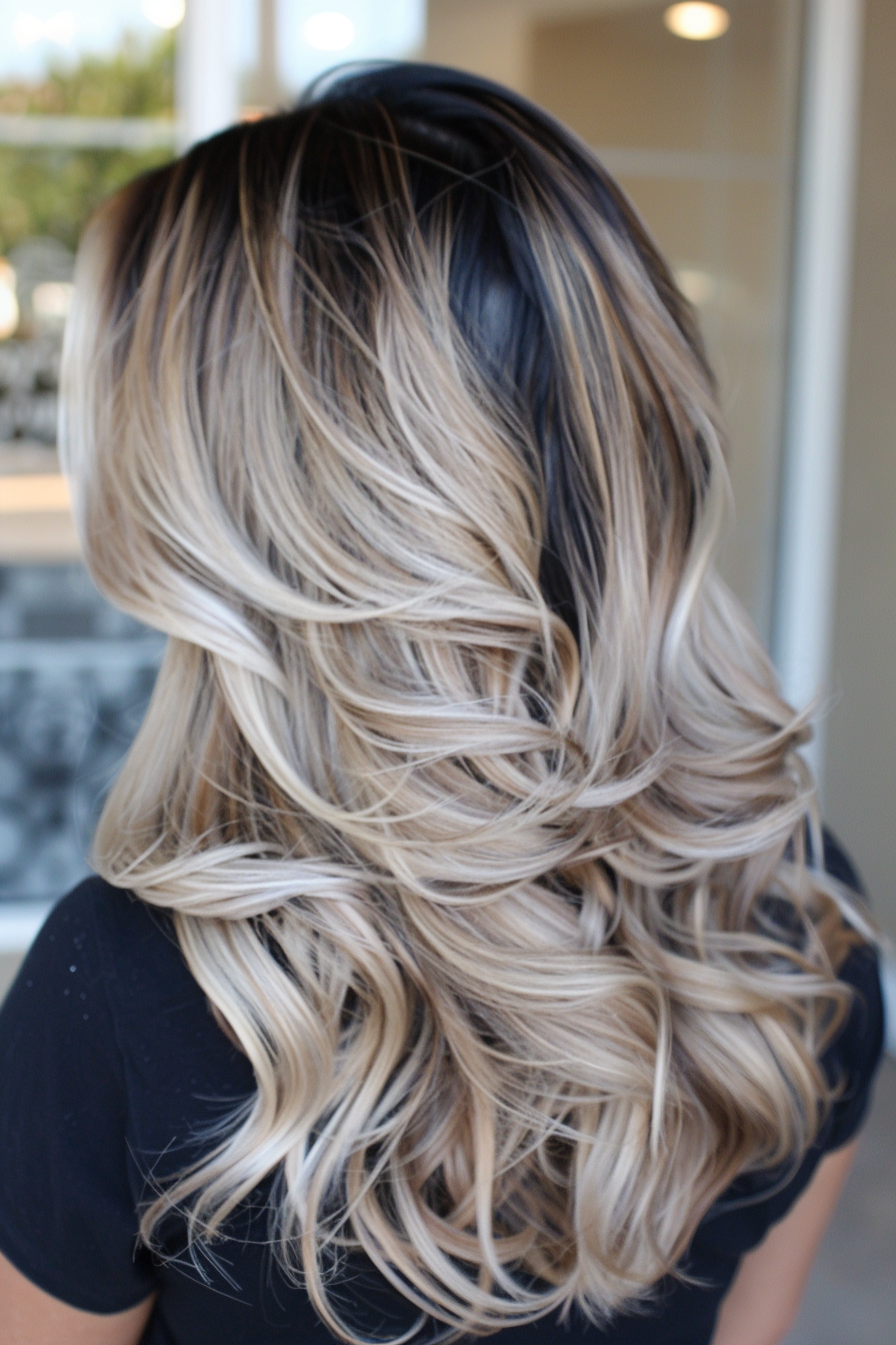 Balayage hairstyle trend. Ash blonde with dark chocolate roots.