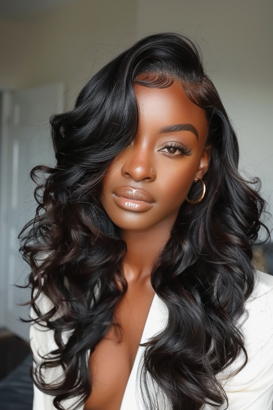 Half-up half-down weave hairstyle. Lush jet black waves with caramel highlights.