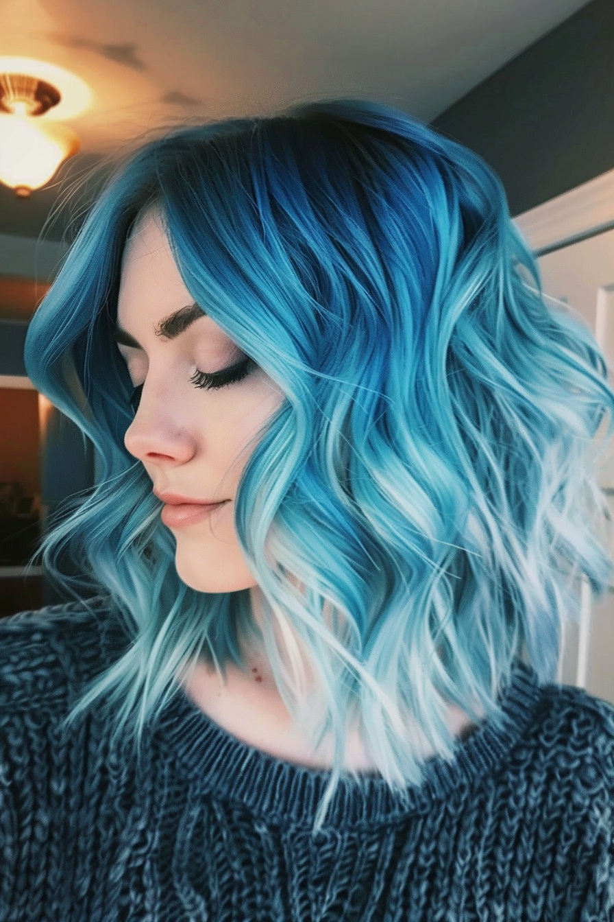 Blue hair hairstyle. Azure ombre bob cut.