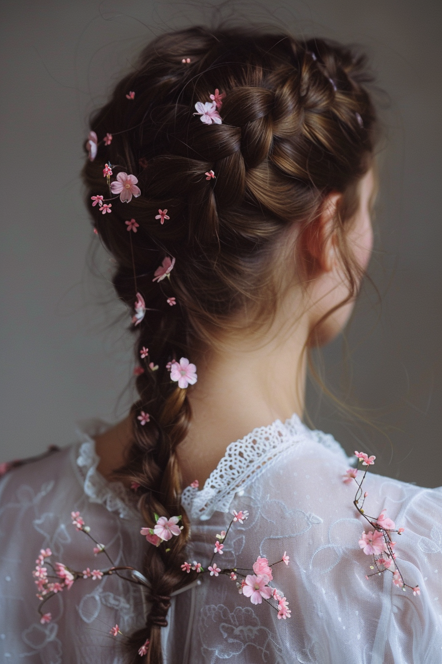 Braided hairstyle. Intricate milkmaid braids sprinkled with pink floral hairpins.