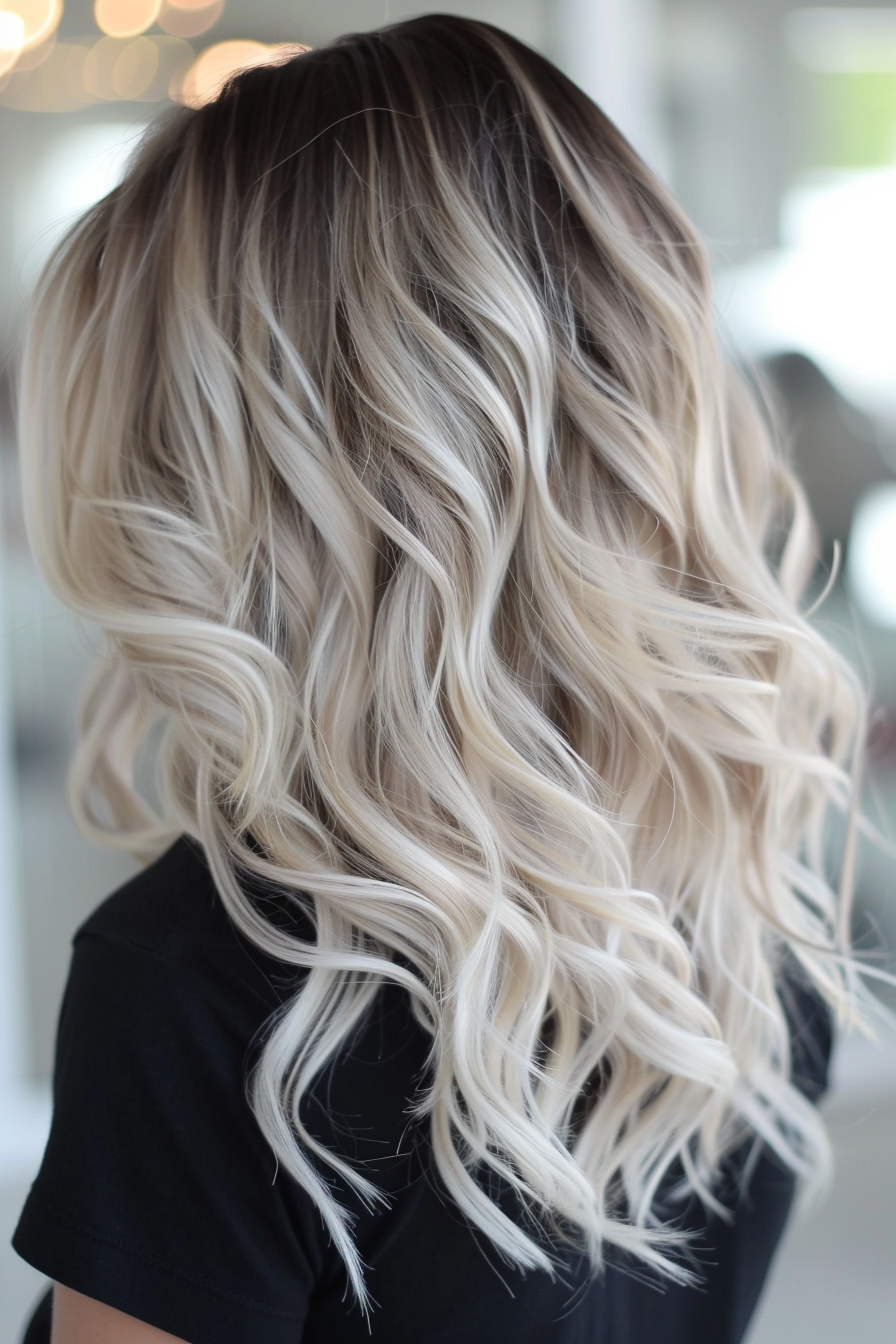 Balayage hairstyle. Blonde cascading waves with dark roots.