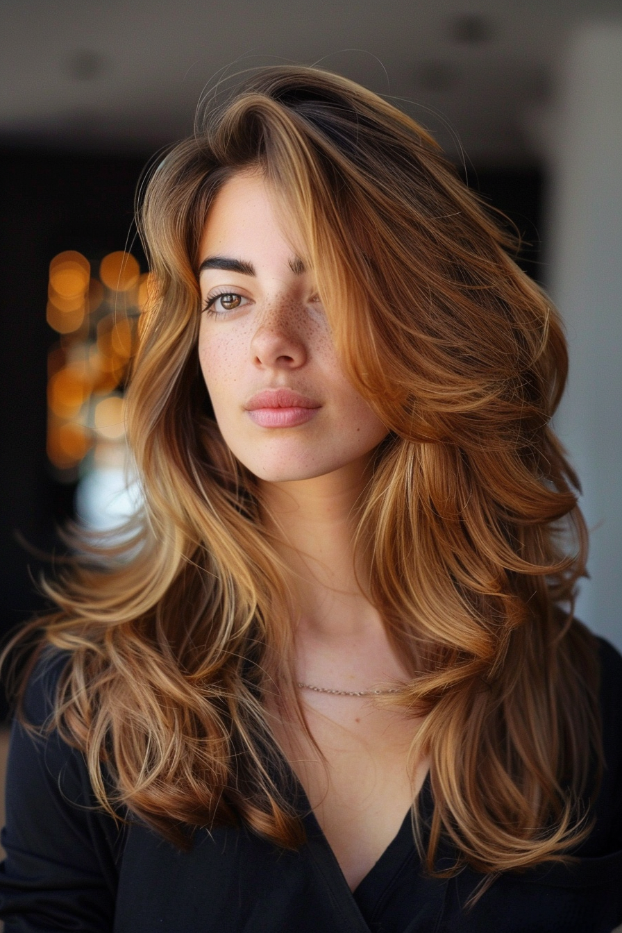 Layered haircut woman hairstyle. Deep side parted balayage curls.