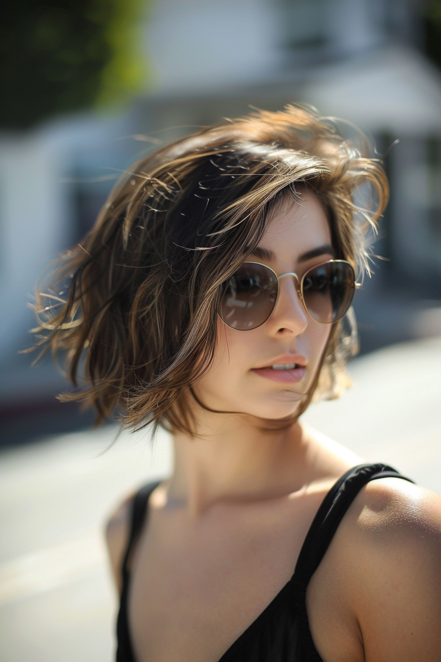 Bob hairstyle for summer. Textured angled cut with sun-kissed highlights.