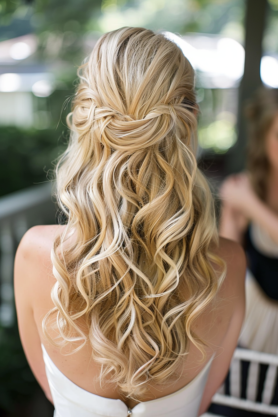 Half-up half-down weave hairstyle. Blonde color with loose ringlet curls.