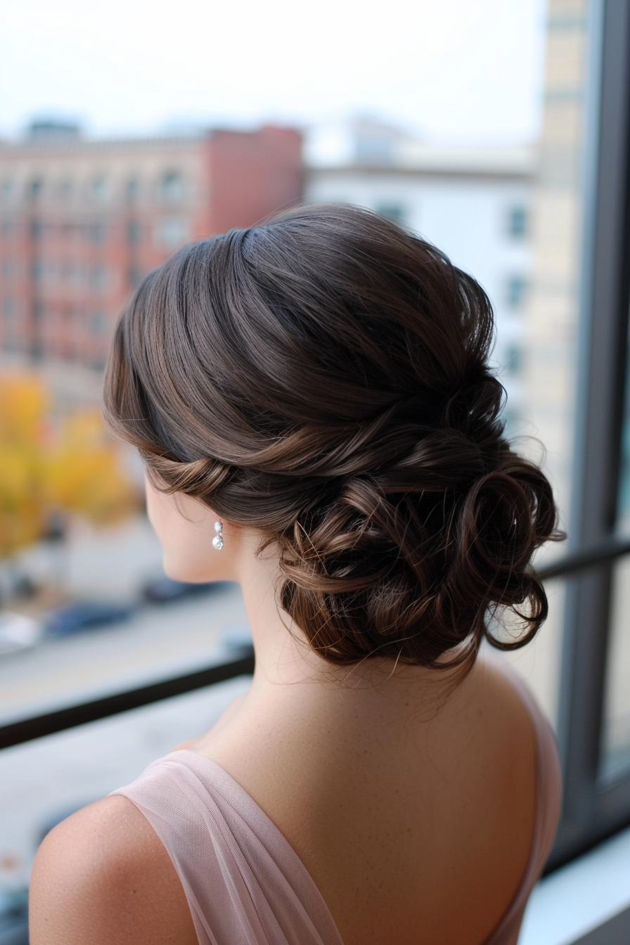 Prom updo. Brunette long hair arranged into a loose, low bun.