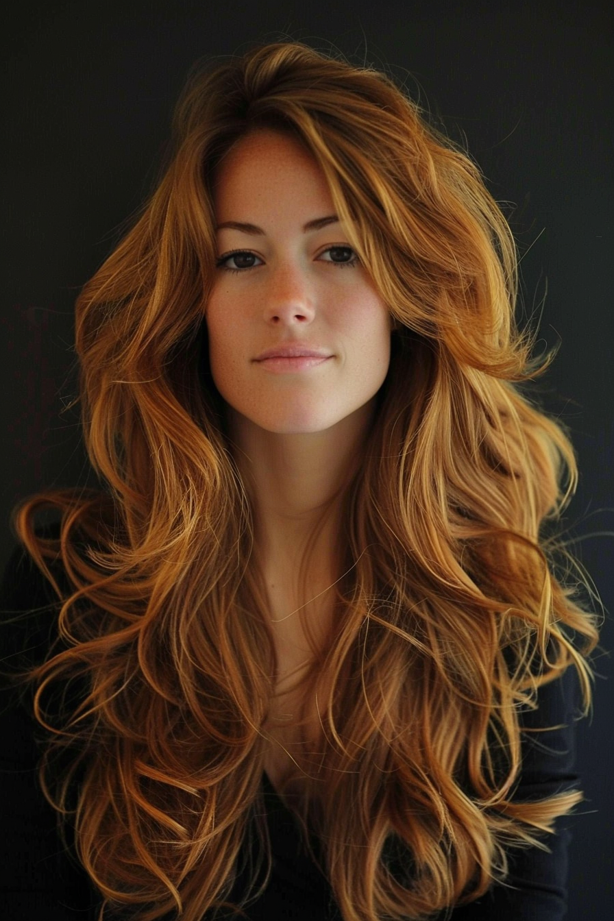 Long wavy hairstyle. Loose caramel waves with side parting for women.