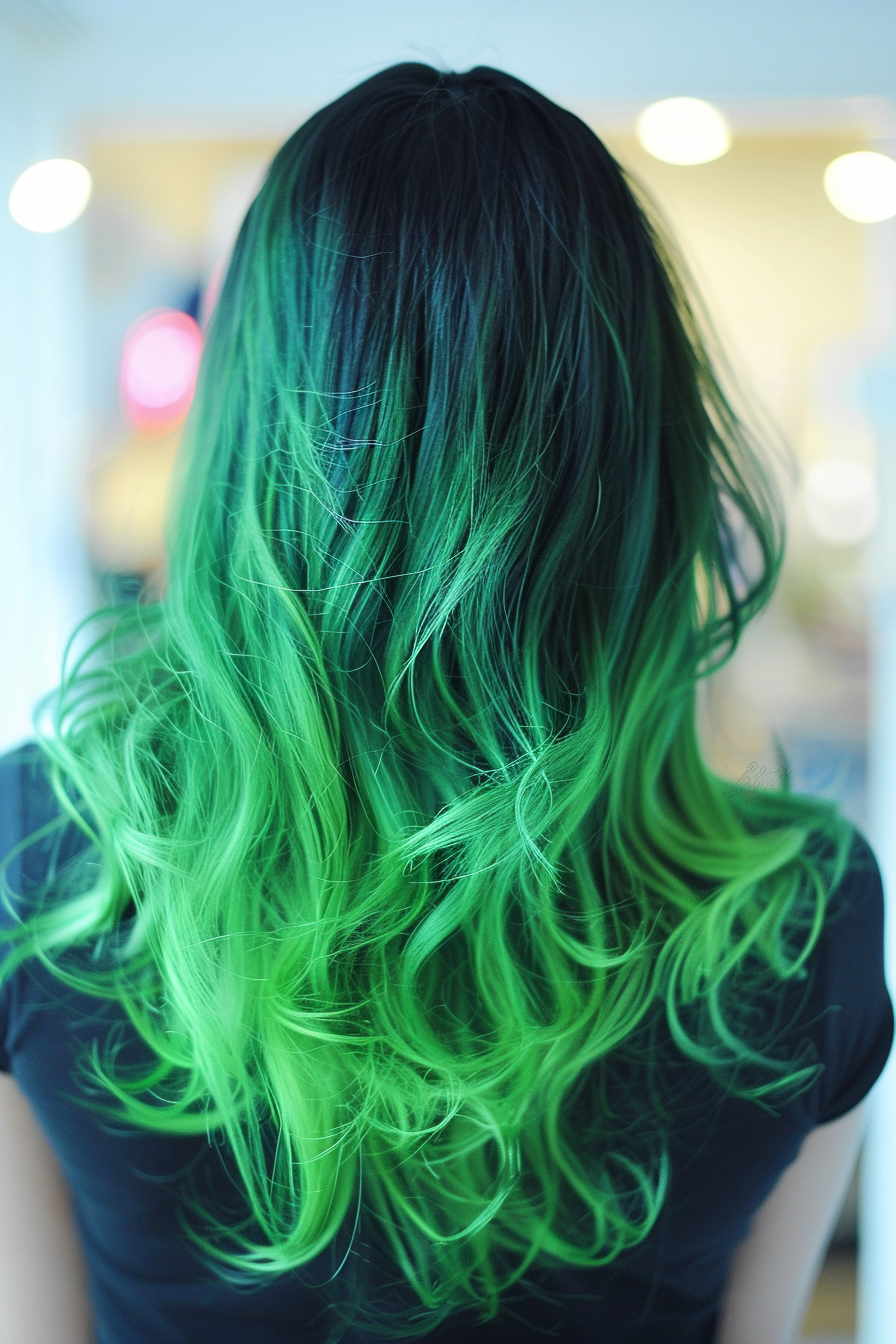 Green ombre hair woman hairstyle. Emerald roots fading into lime tips.