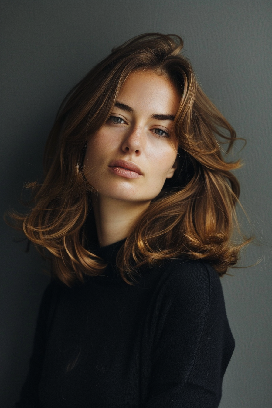 Money Piece Highlight Hairstyle. Caramel tones on a side-parted mid-length hair.