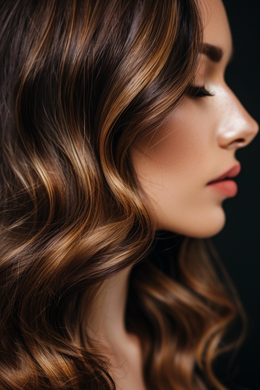 Woman hairstyle. Balayage color in caramel and deep brunette.