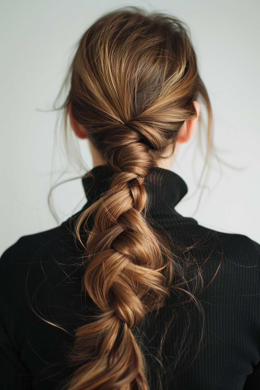 Braided hairstyle. Dutch fishtail braid with loose ends.