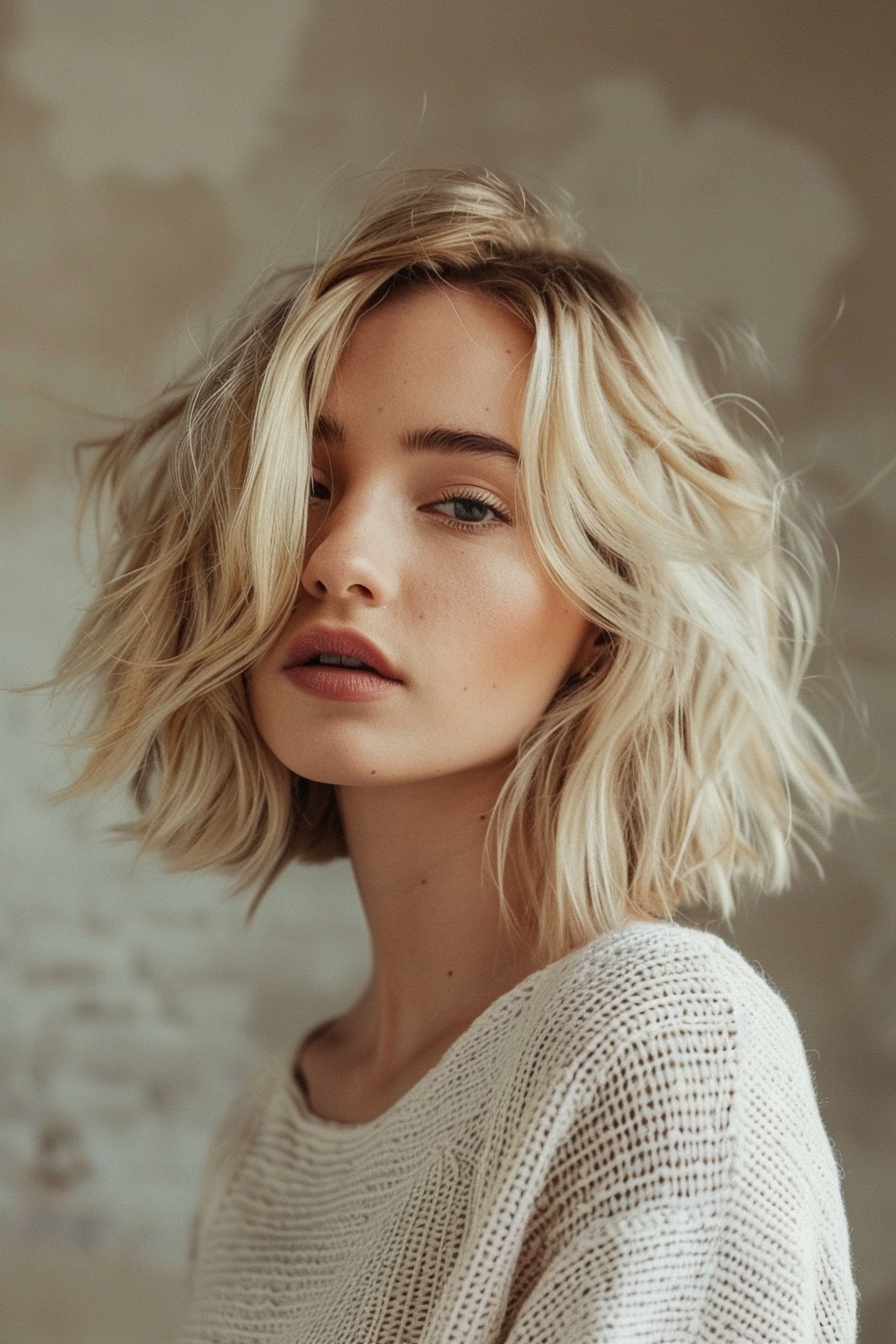 Dirty blonde hair woman hairstyle natural. Layered bob with loose waves.