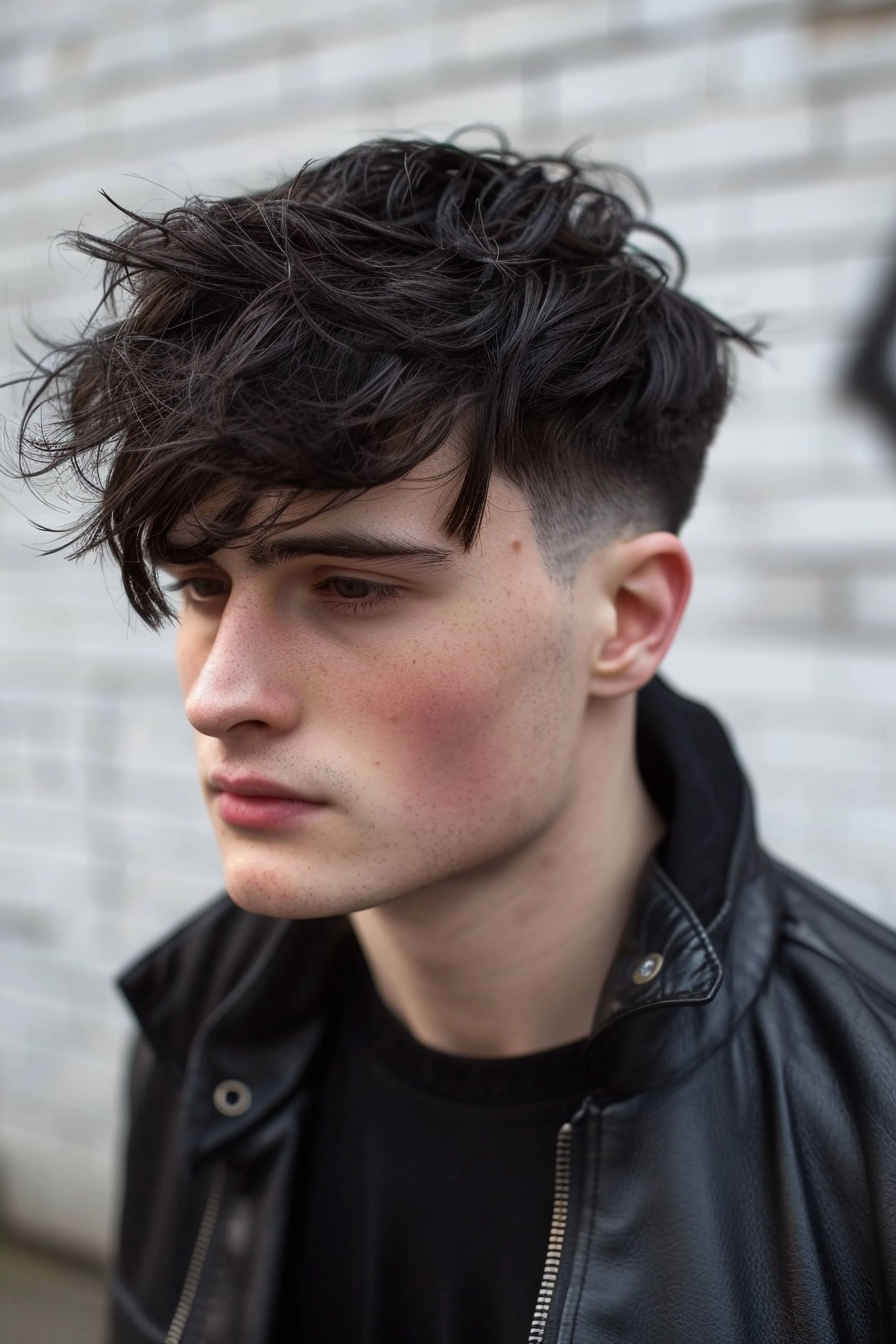 Edgar Cut Men Hairstyle. Taper fade, jagged fringe with dark black hair.