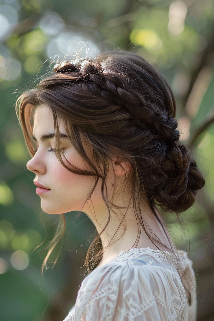 Prom updo hairstyle. Brunette woman with long hair in a braided crown updo.