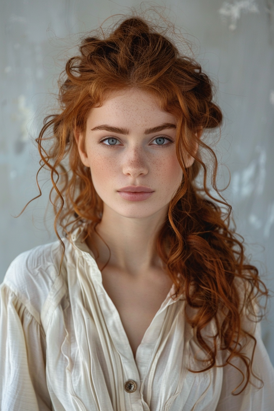 Front-layered woman hairstyle, long hair. Spiraling curls on chestnut hair.