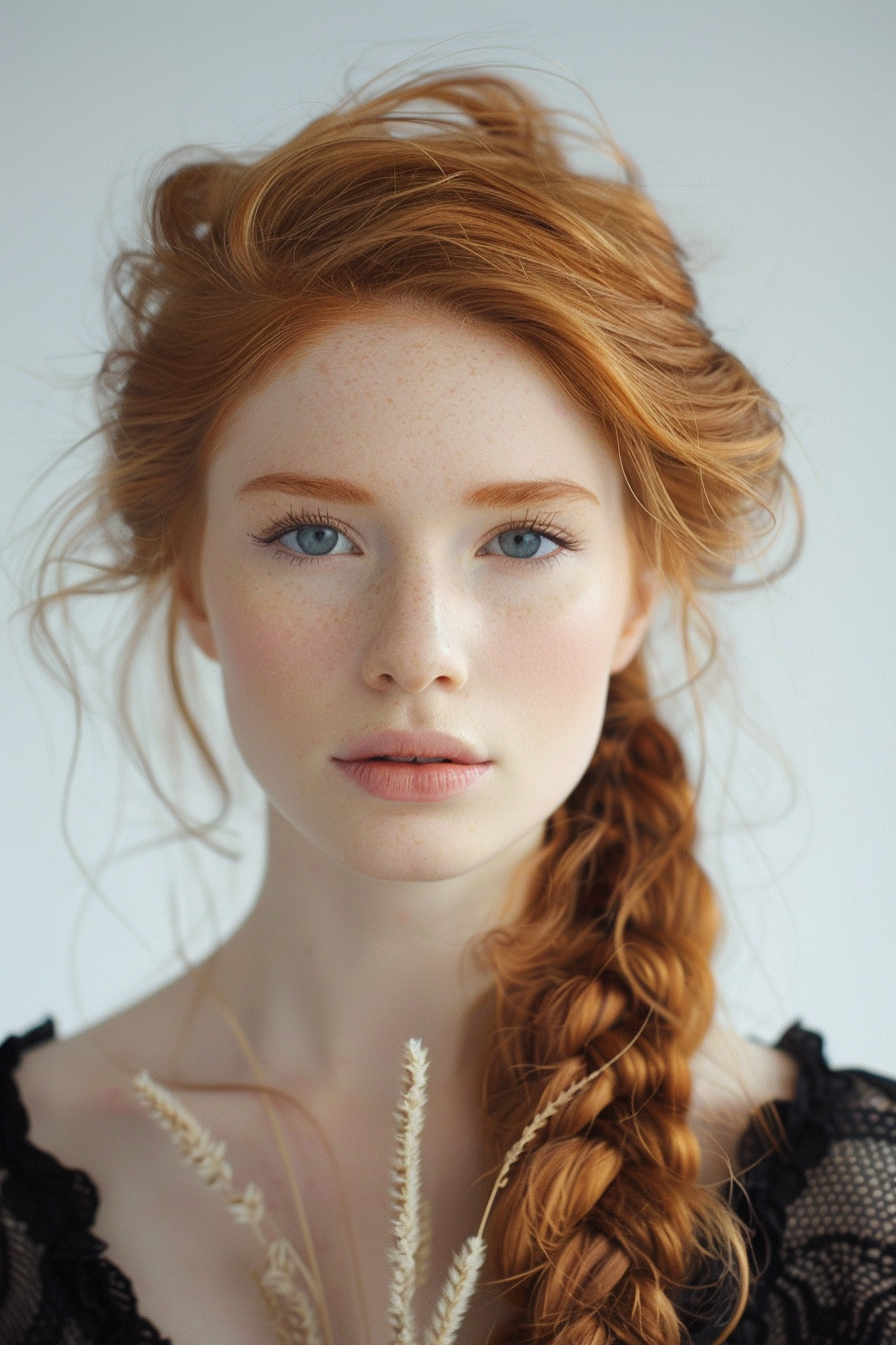 Fishtail braid hairstyle. Loose tendrils framing the face.