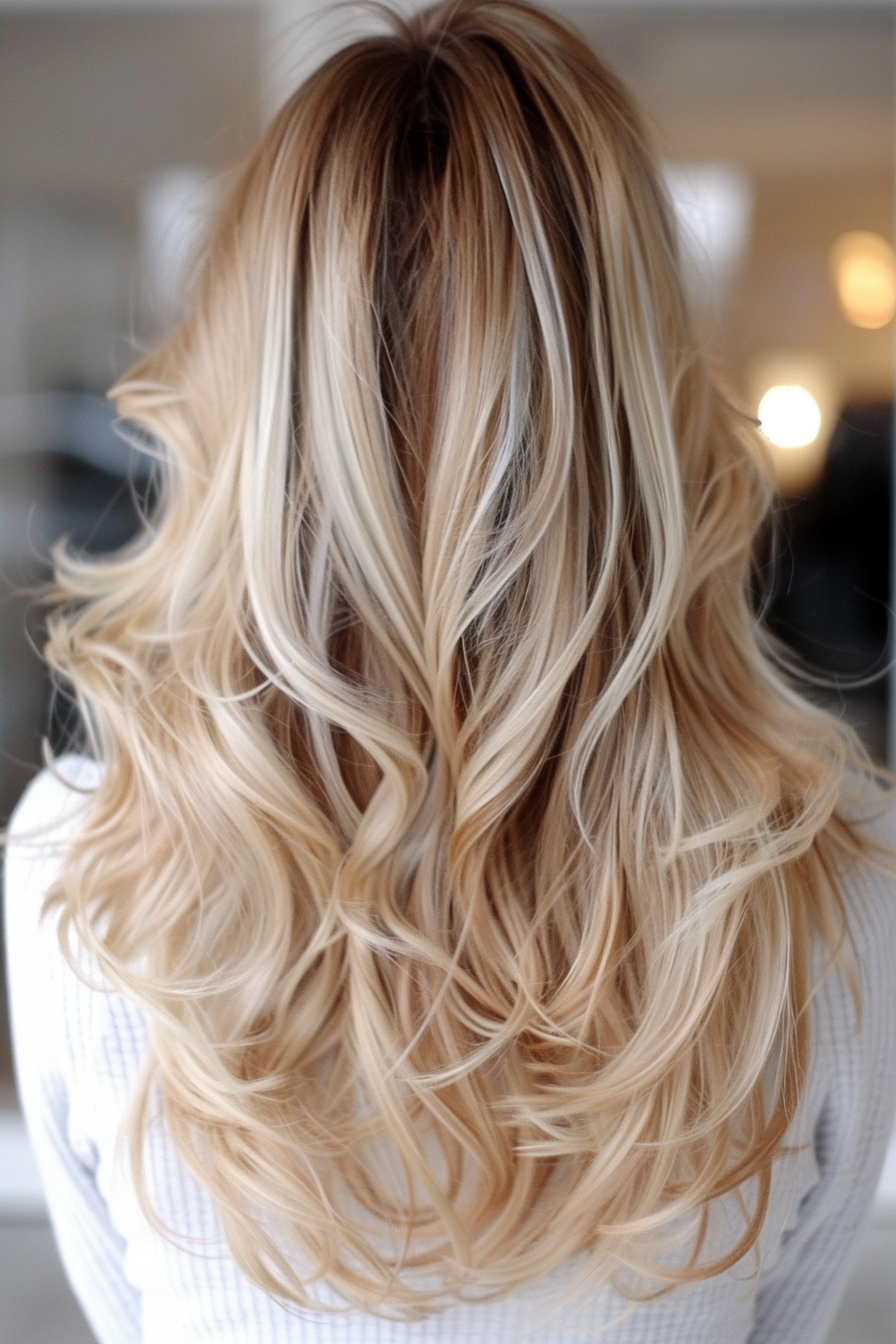 Balayage hair color woman hairstyle. Blonde hair cascading into caramel tips.