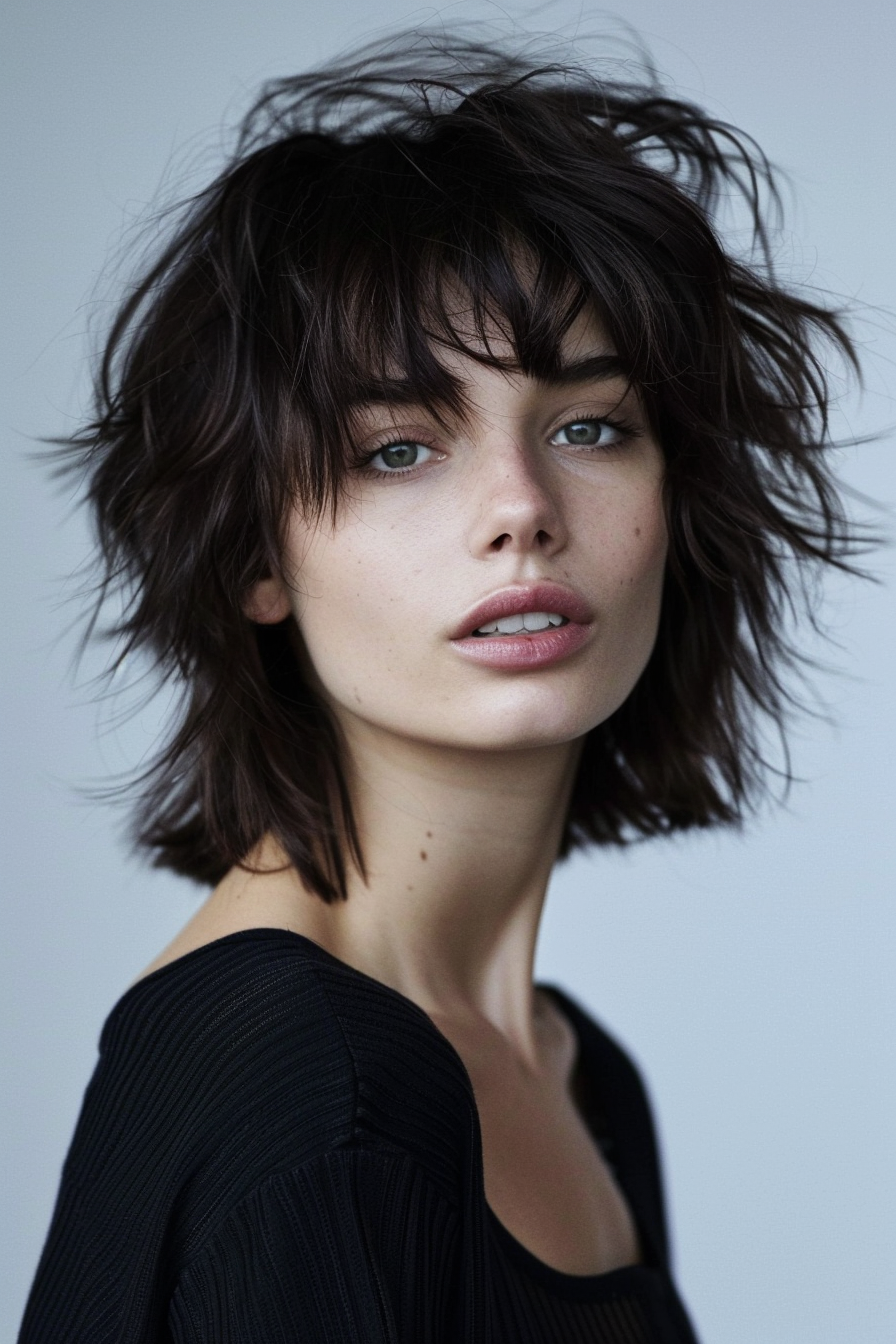 Wolf Cut hairstyle. Shaggy layers with curtain bangs for short hair.