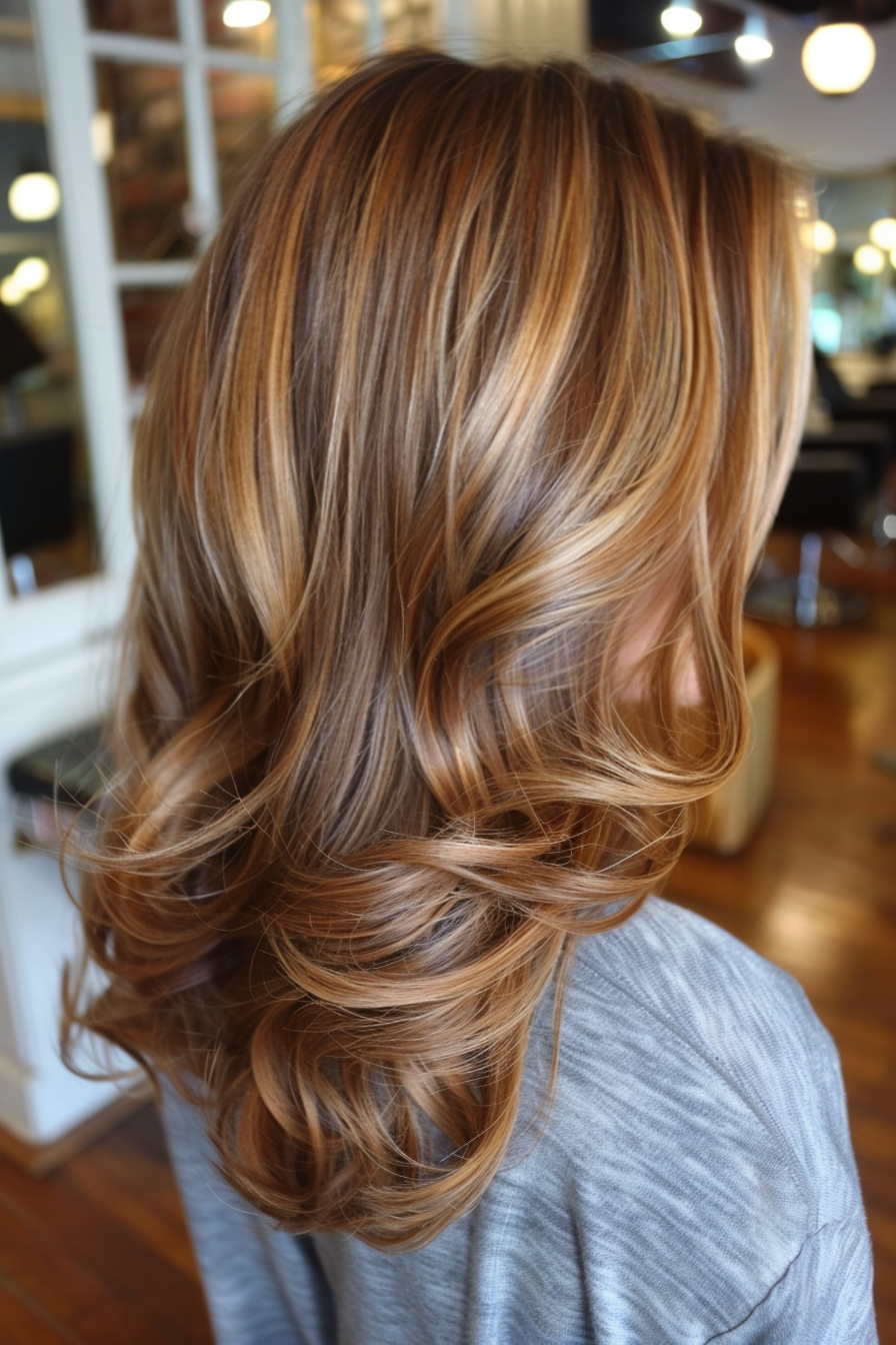 Balayage hairstyle. Honey blonde highlights on chestnut brown hair.