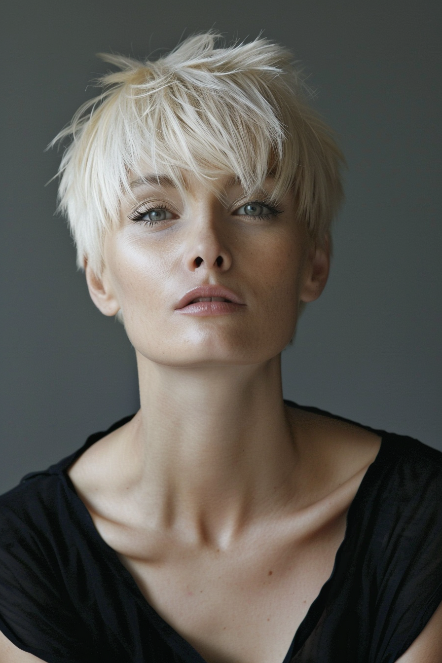 Short hair woman hairstyle. Blonde wolf cut with layered bangs.