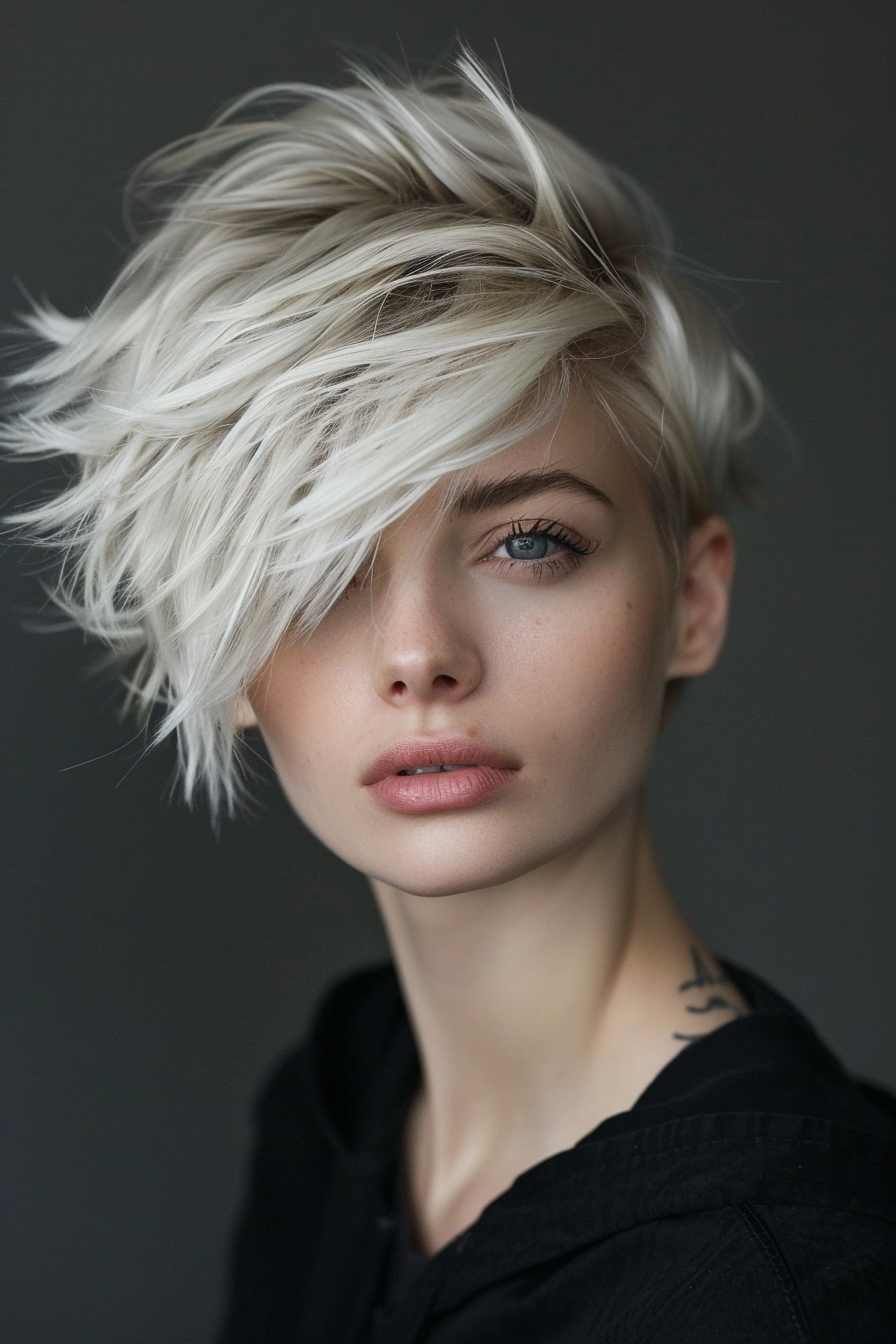 Short hair wolf cut. Angled forward layers with platinum highlights.