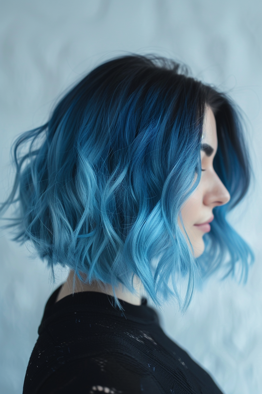 Blue hair color woman hairstyle. Ombre bob with dark roots.