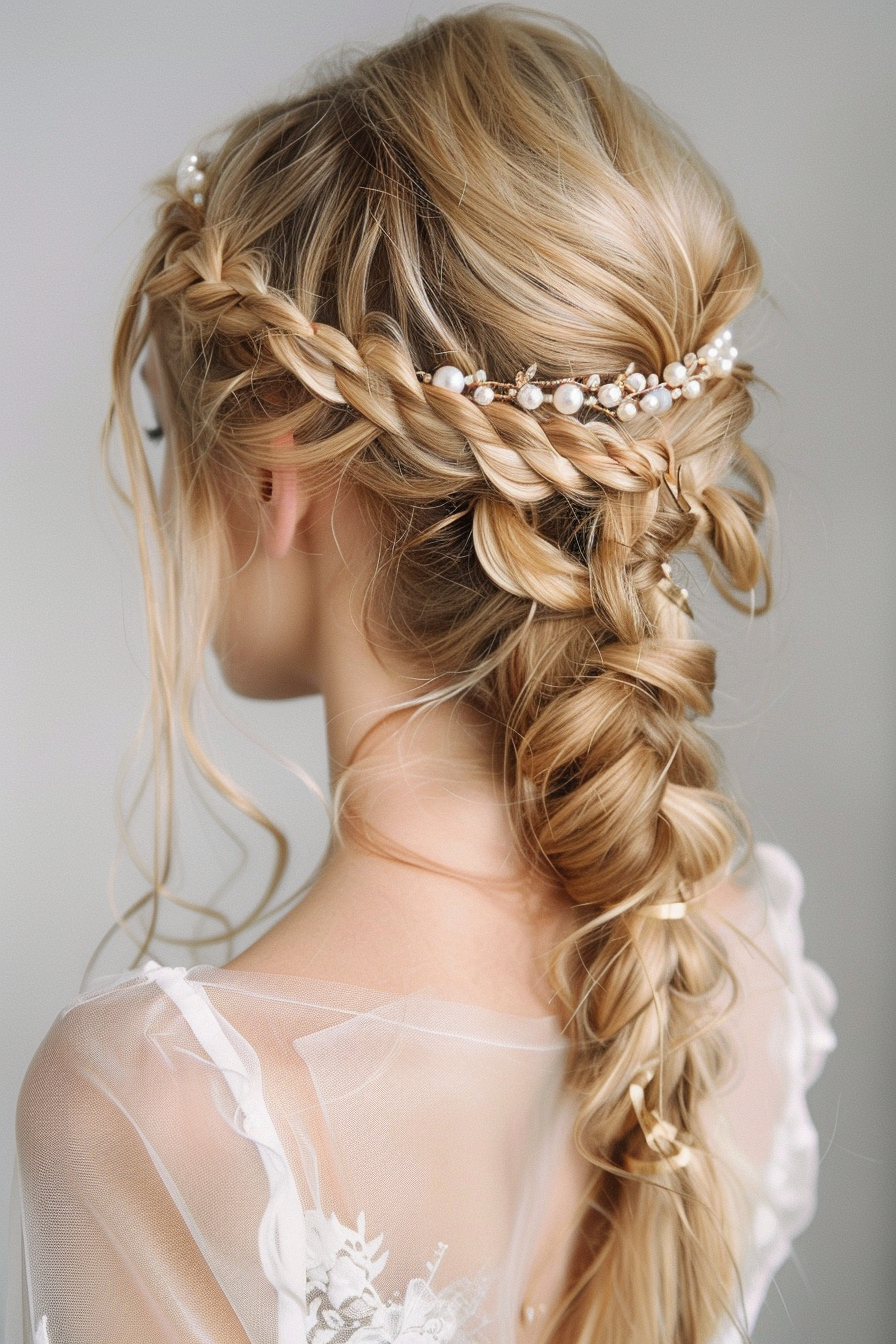 Fishtail braid hairstyle. Cascading blonde strands secured by a pearl hairband.