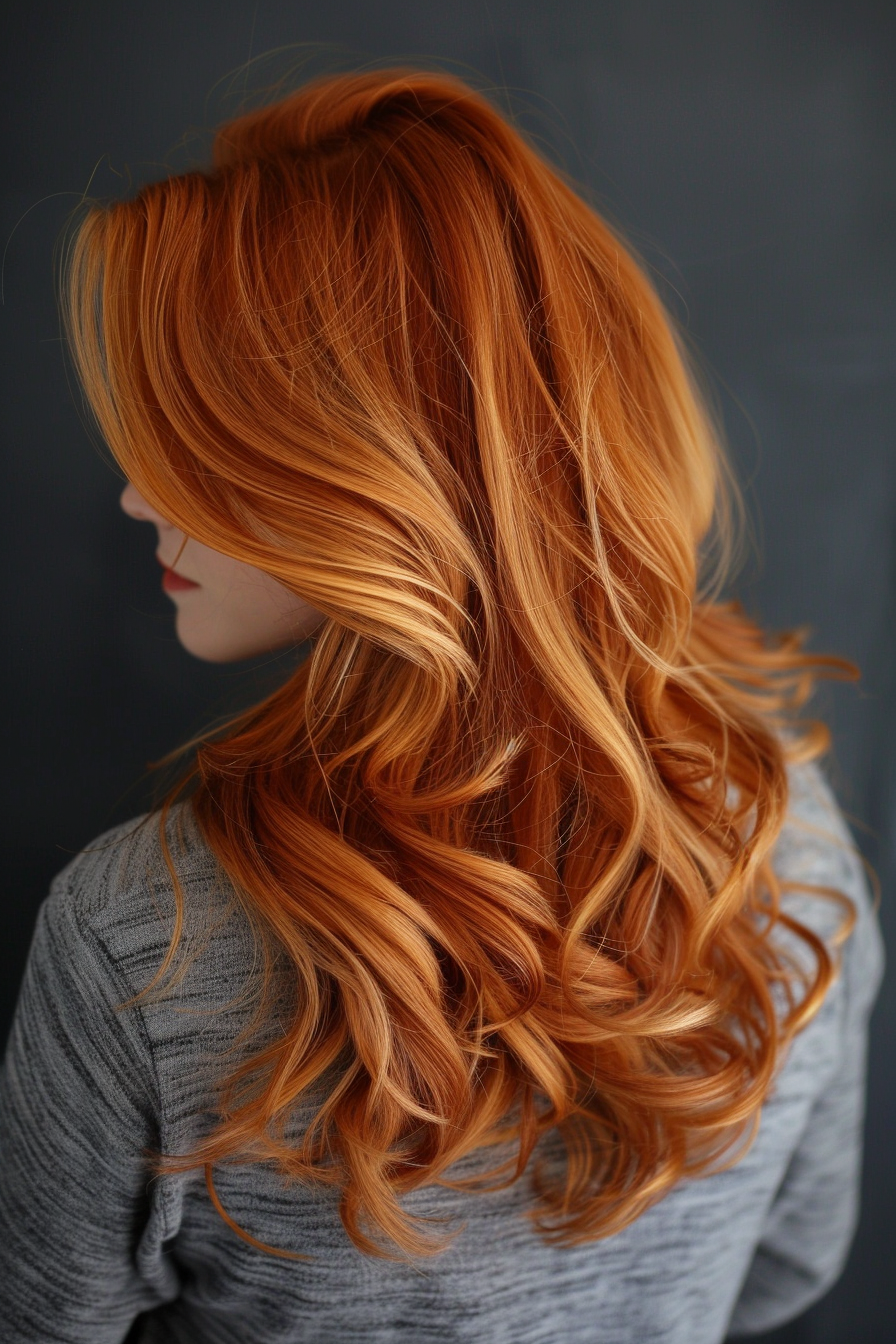 Summer Hair Color Woman Hairstyle. Bright Brunet. Copper With Sunflower Blonde Highlights.