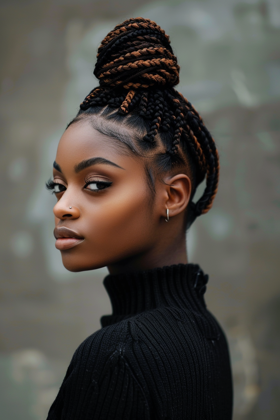 Half-up half-down weave hairstyle. Black and brown streaks braided bun.